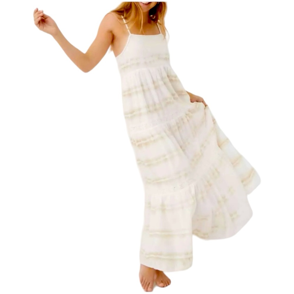 AERIE Tie Dye Beachy Tiered Ruffle Maxi Dress Size Large NWT Cream/Tan